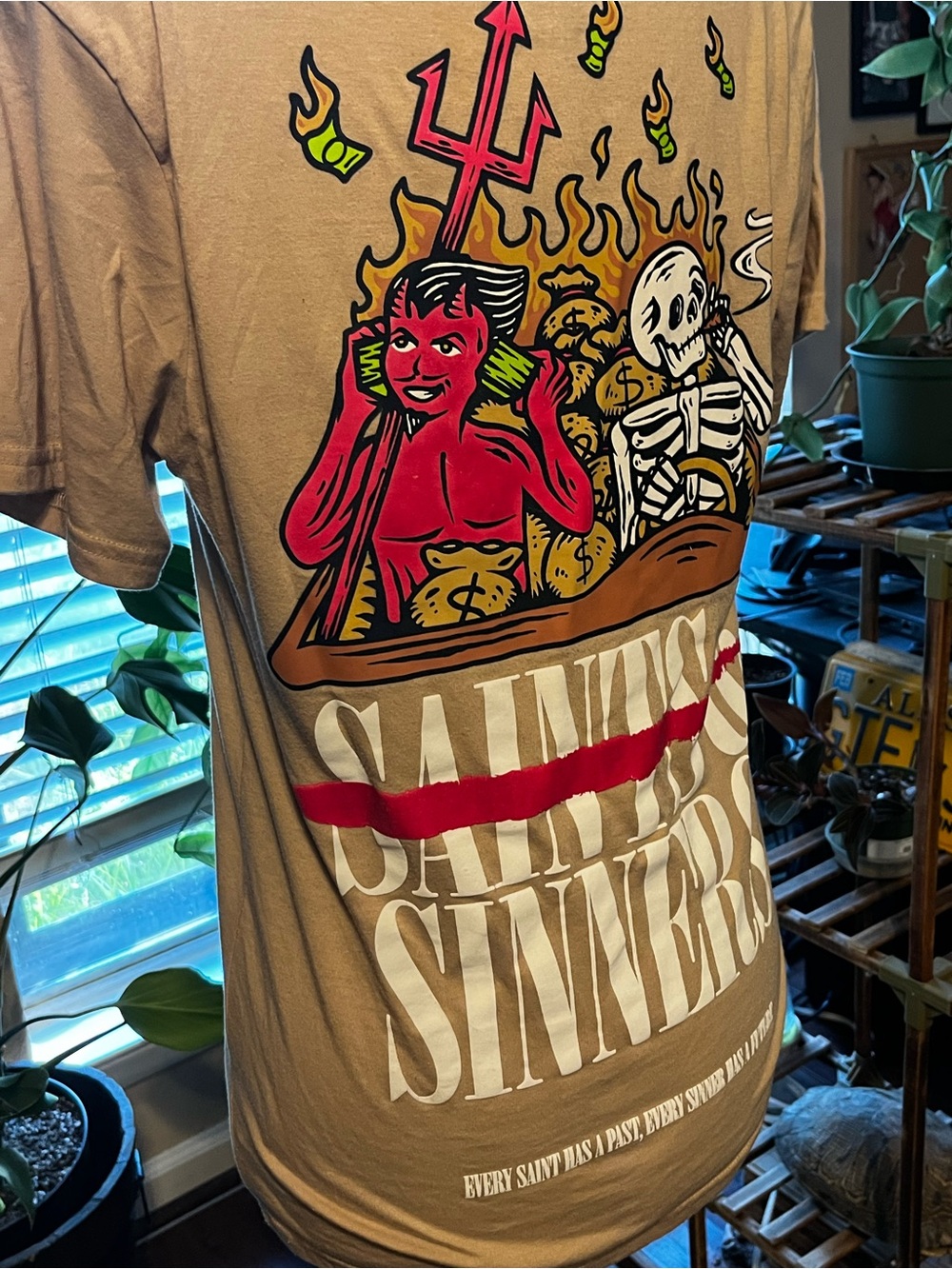 Beige Short-Sleeve Graphic Tee with Red Devil Motif